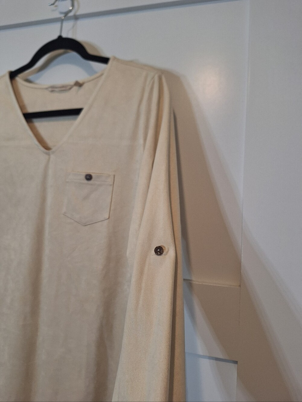 Soft Surroundings Suede Hi Low Tunic Top Roll Tab Sleeves Beige Size Medium - Picture 9 of 12
